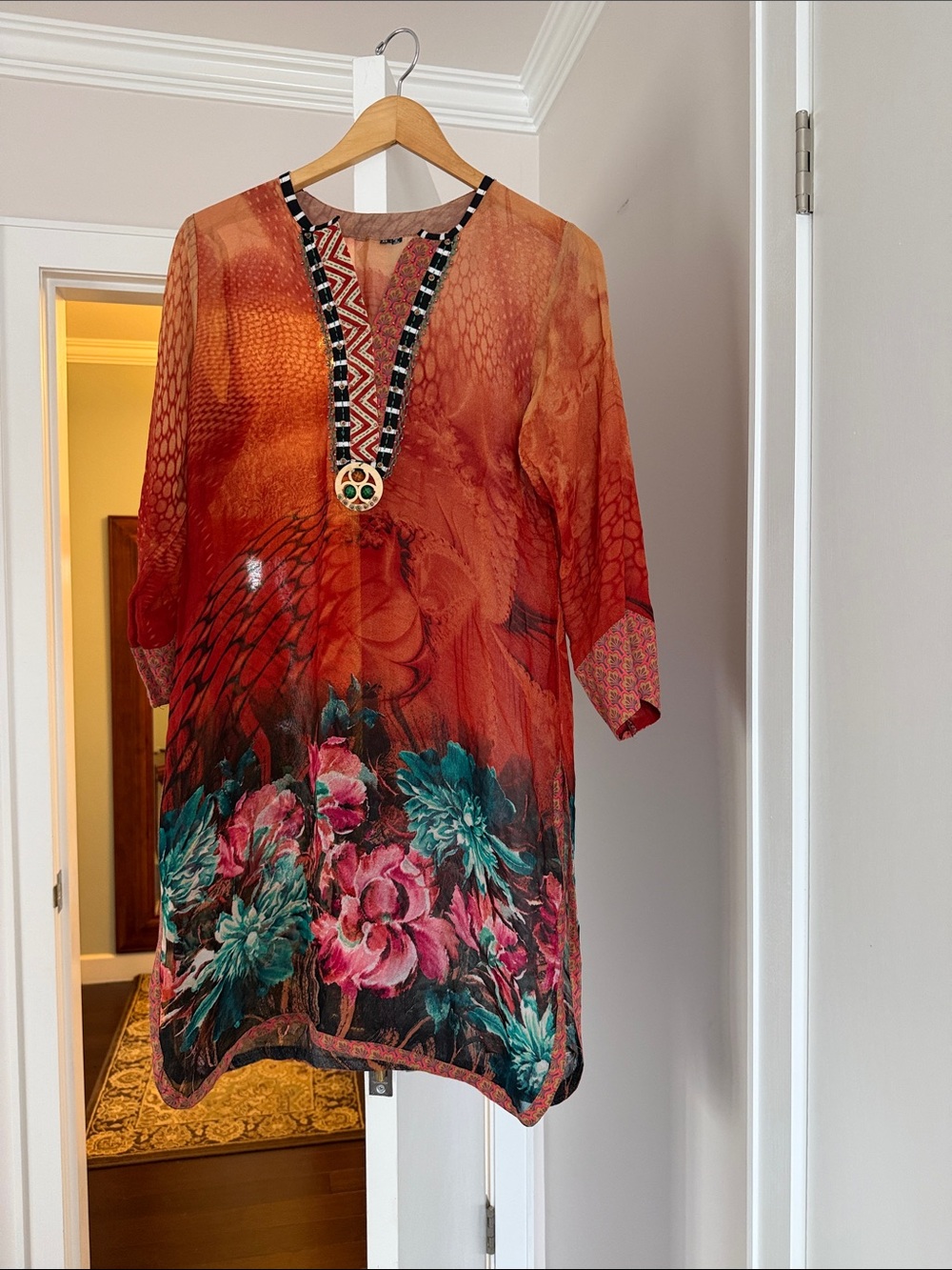 bohemian sEmbellished Orange Floral Tunic Top size XL